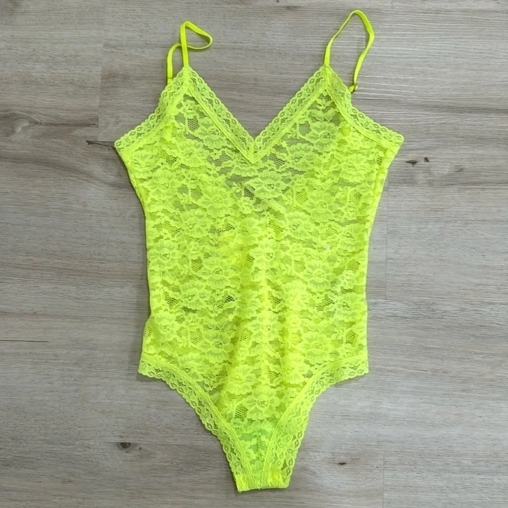 NWT Anthropologie V-neck sheer lace neon bodysuit